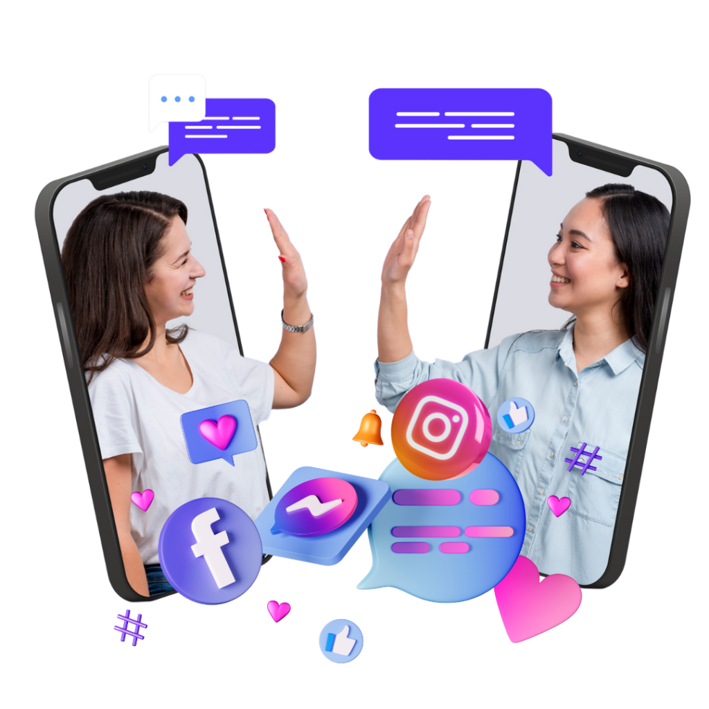 two girls chatting over phones with Facebook, Instagram, Messenger icons